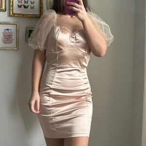 Haute Monde Satin Mini Dress in Blush Pink with Sheer Puff Sleeves